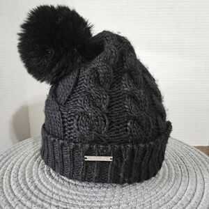 Michael Kors Black Cable Knit Pompom Beanie